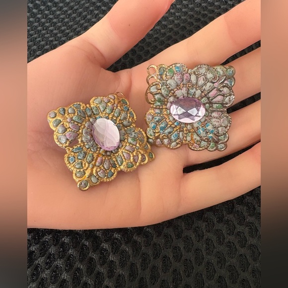 Artisan Statement Earrings | Mosaic Enamel & Lavender Crystal Posts - Picture 4 of 8